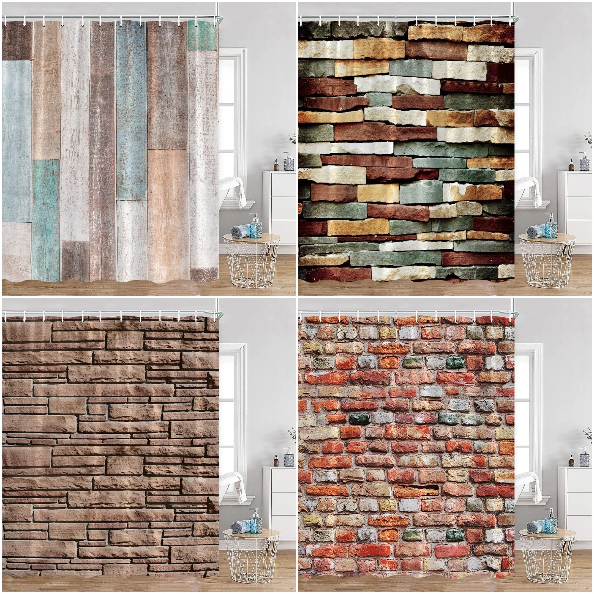 Countryside Wooden Board Shower Curtain Brick Wall Farmhouse Farm Bathroom Curtains Wooden Planks Art Pattern Bath Curtain Decor