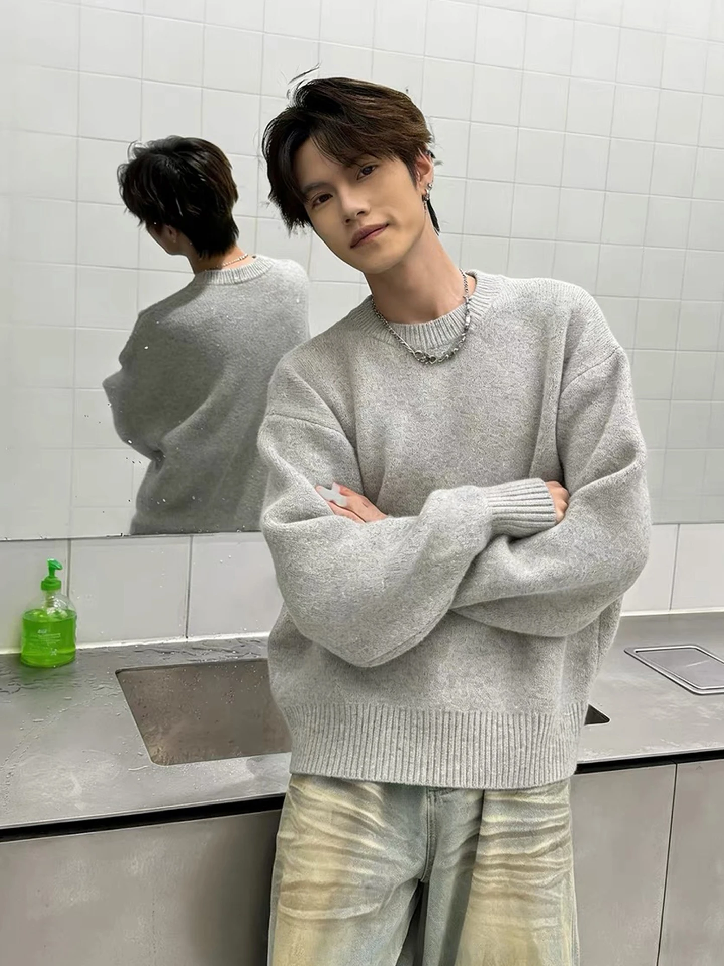 

Мужской свитер Cleanfit с круглым вырезом, на флисовой подкладке, вязаный, зимний, теплый, повседневный, для ношения под одеждой, серый, свободный крой, с длинным рукавом