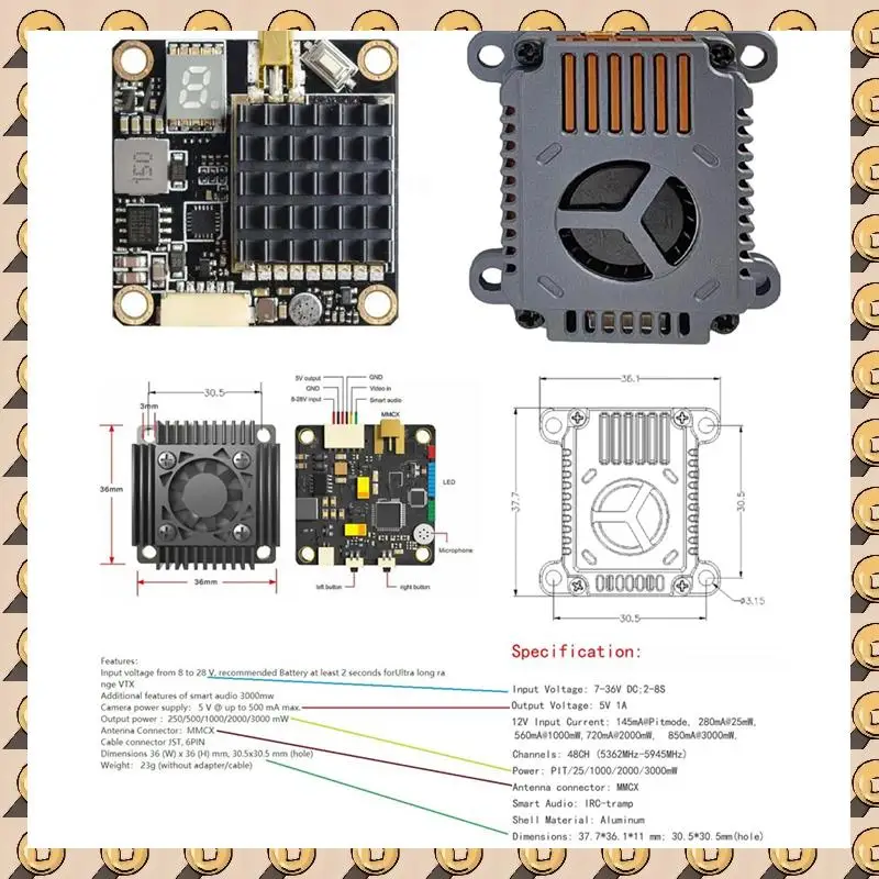 

A003 5.8Ghz 3W VTX FPV Video Transmitter 48CH 25Mw/1000Mw/2000Mw/3000Mw Adjustable For Long Rang FPV Racing Drone