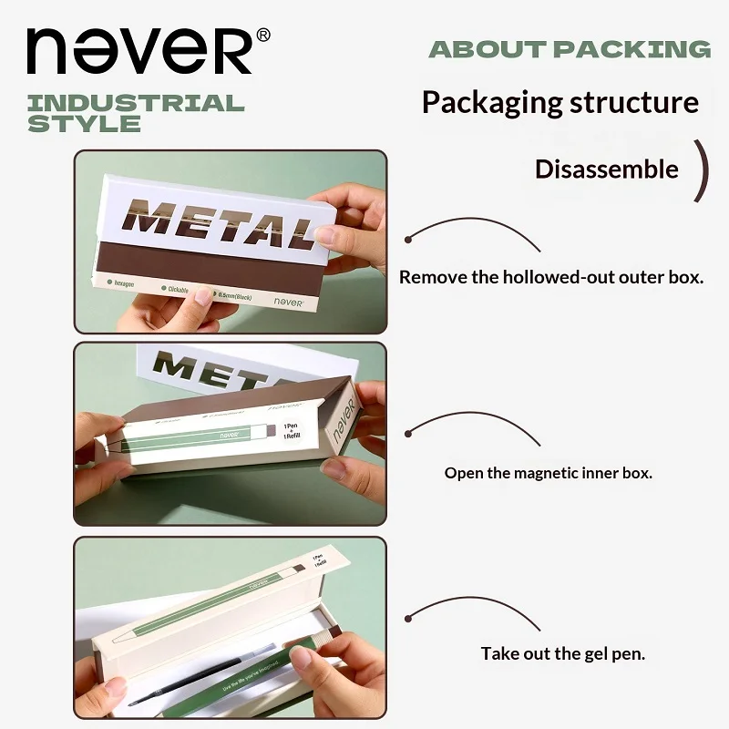 Never 0.5mm Metal Gel Pen with Extra Refill Click Quick-Drying Smudge-free Black Ink Pens for Daily Use Patent Design Stationery