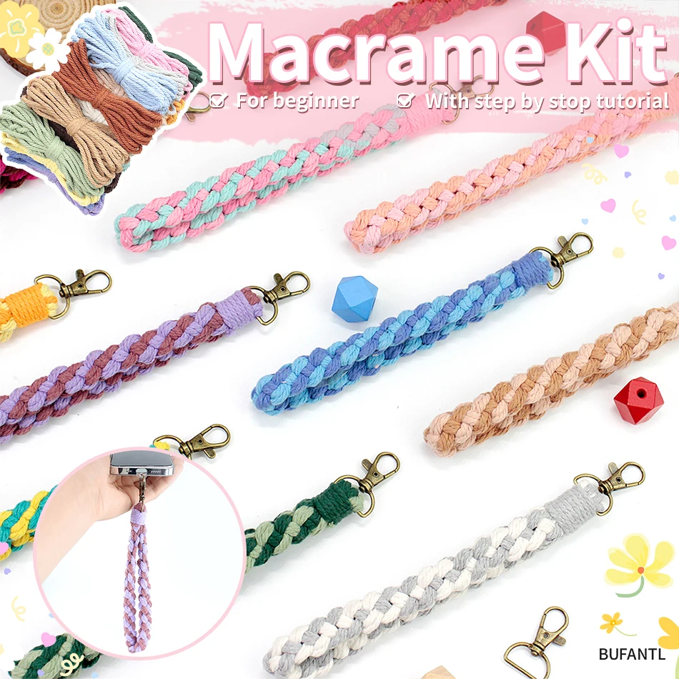 Boho Half Knot Keychain Macrame DIY Kit Polyester Handmade Woven Wristband Anti-lost Rope Multicolor Bag Charm Decor Craft Gift