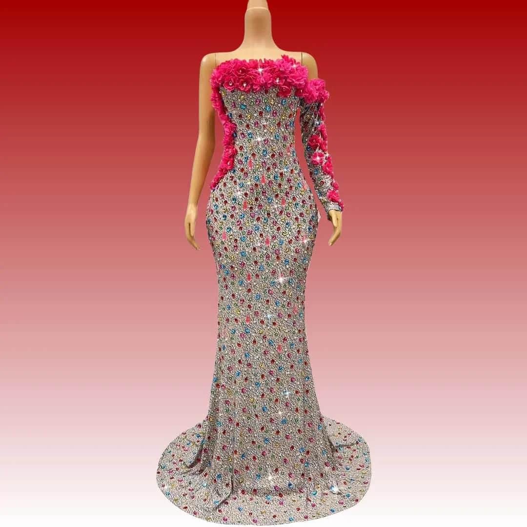Caihualuo Luxury Red Floal Mermaid Prom Dresses Dubai Woman Crystal Pearl Heavy Handmade Evening Party Gown Vestido de Noche