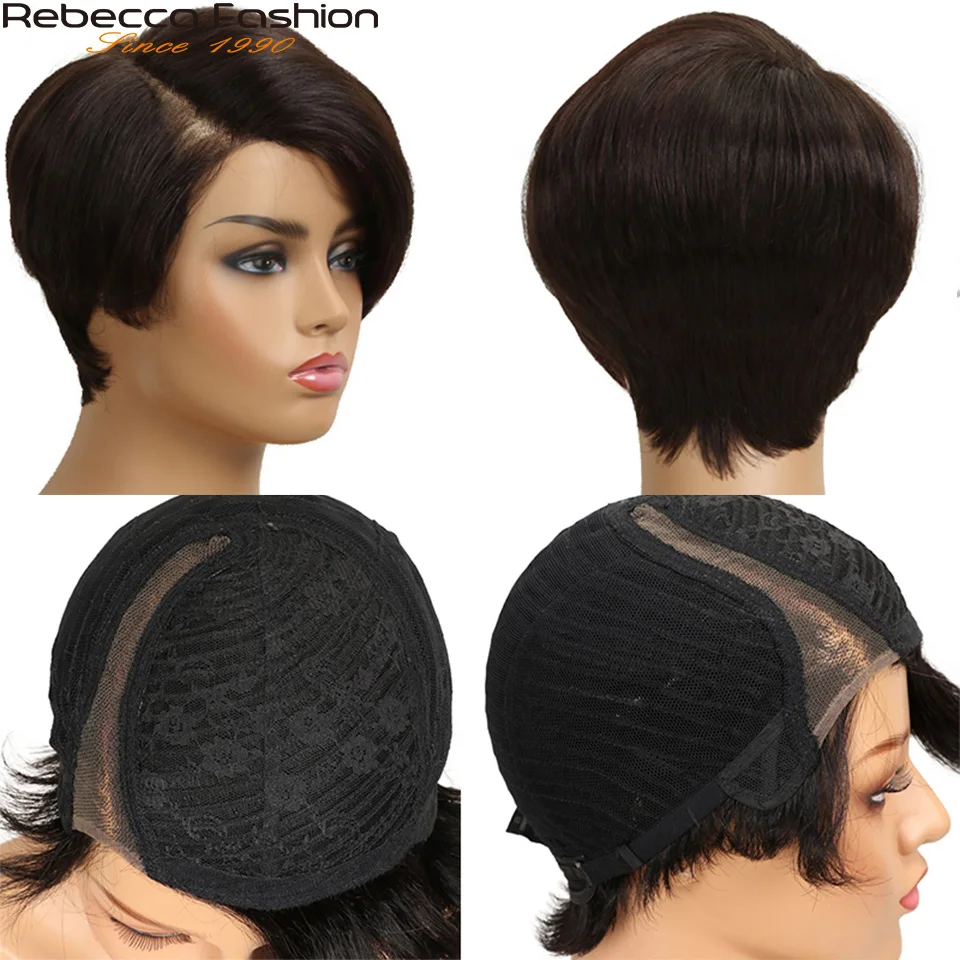 Short Cut Pixie Straight Bob T Part Lace Wig Remy Human Hair With Bangs For Women Pre Plucked Glueless Natural Color