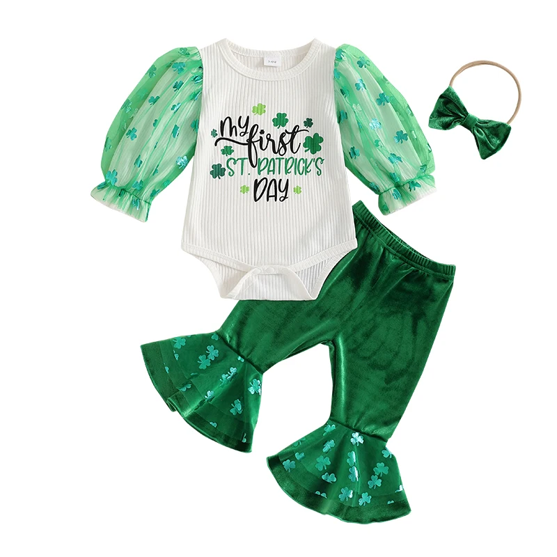 

Baby Girls Irish Day Outfits Shamrock Mesh Letter Print Long Sleeves Romper and Elastic Flared Pants Headband Set