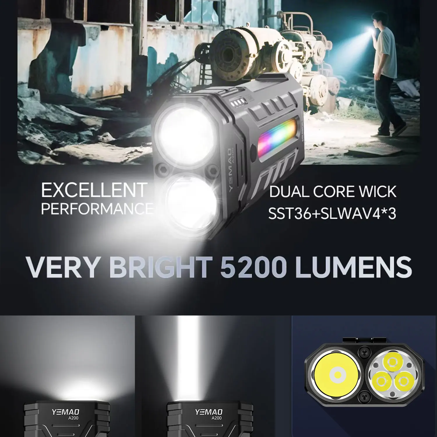 مصباح يدوي LED محمول خارجي 5200 لومن RGB LED للتخييم مع شعلة مغناطيسية، مثالي للمشي لمسافات طويلة ومغامرات التخييم #2