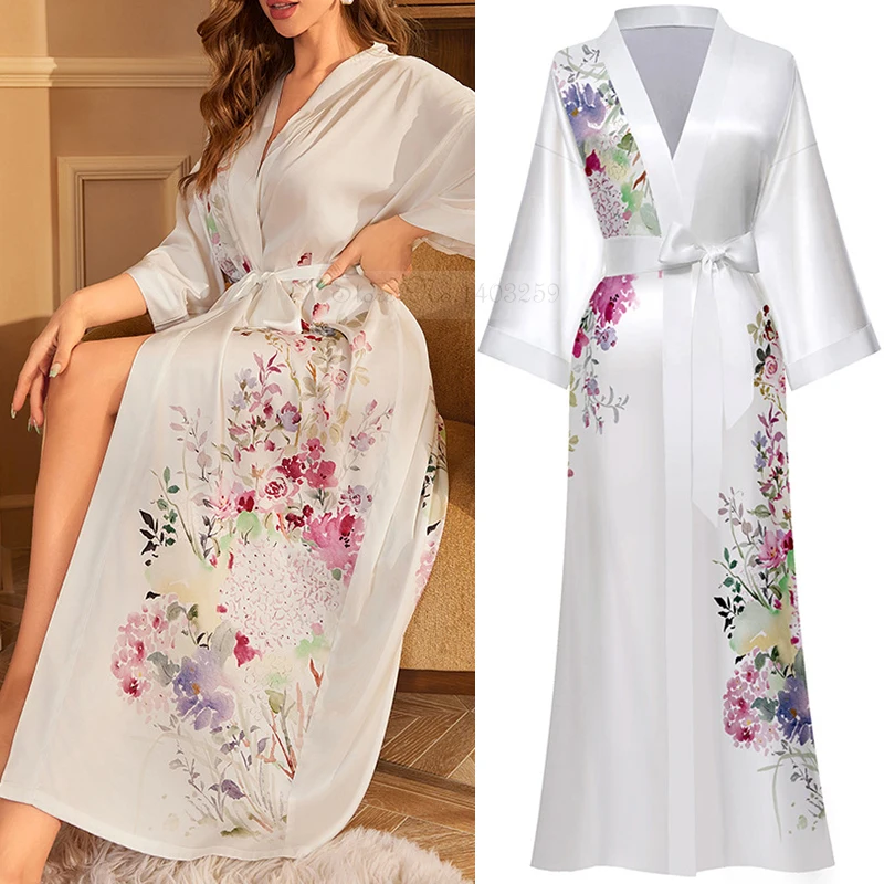 Print Flower Long Robe Wedding Half Sleeve Kimono Bathrobe Gown Spring Summer Female Sleepwear Nightgown Loose Satin Home Dress