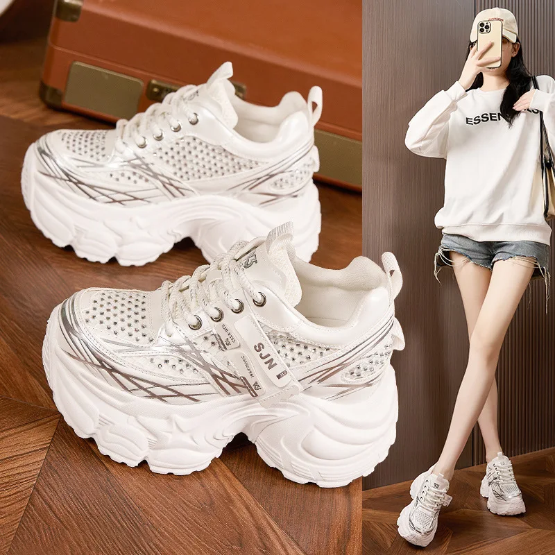Thick Sole Heightened Mesh Breathable and Fashionable Rhinestone Women's Shoes 2025 Autumn New Versatile Sports Casual Shoes