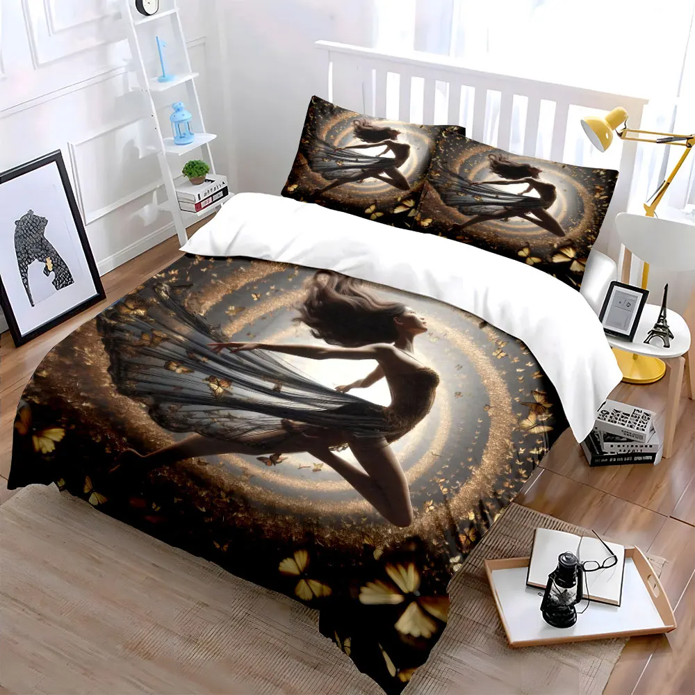 3Pcs Golden Butterfly Ballerina Duvet Cover Set, Glowing Halo Art Bedding Includes 1 Duvet Cover And 2 Pillowcase, Gift
