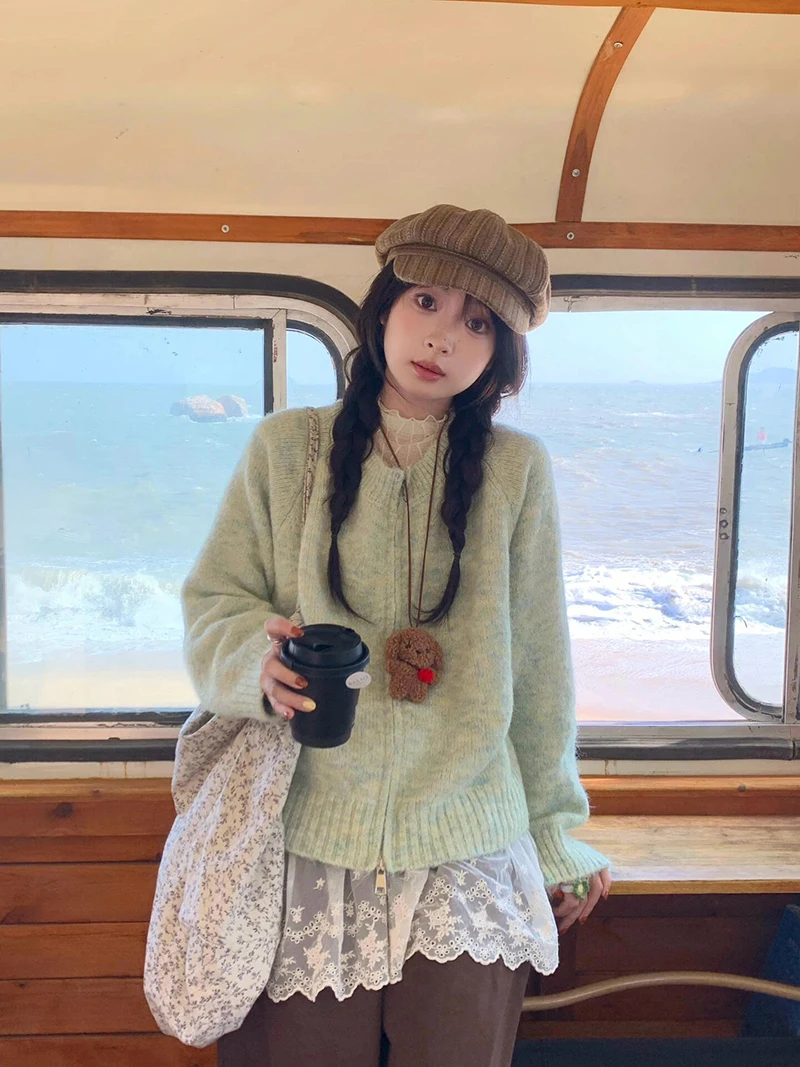 

een Knitted Sweater Coat Women's Loose Lazy Sle Spring Autumn Korean System Unique Beautiful Open Cardigan Fem Faion