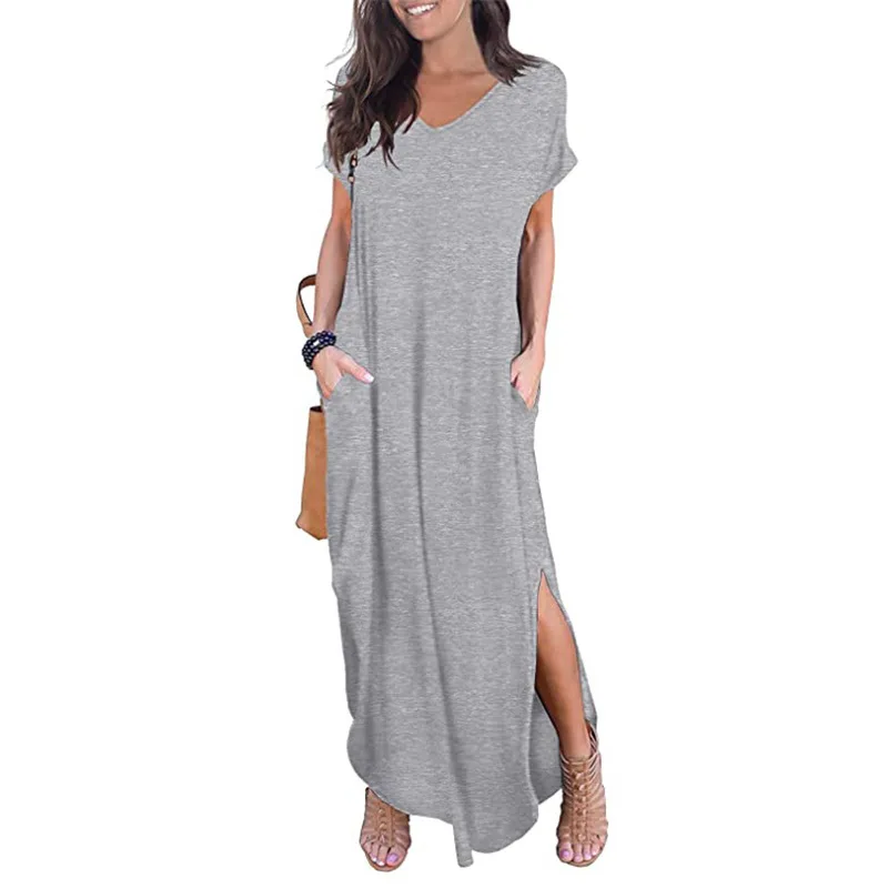 فستان نسائي بفتحة رقبة على شكل حرف V ، ثوب نسائي ، ملابس خروج كاجوال ، أحادي اللون ، جيب ، موضة مكتبية ، ملابس منزلية جديدة ، صيف ،