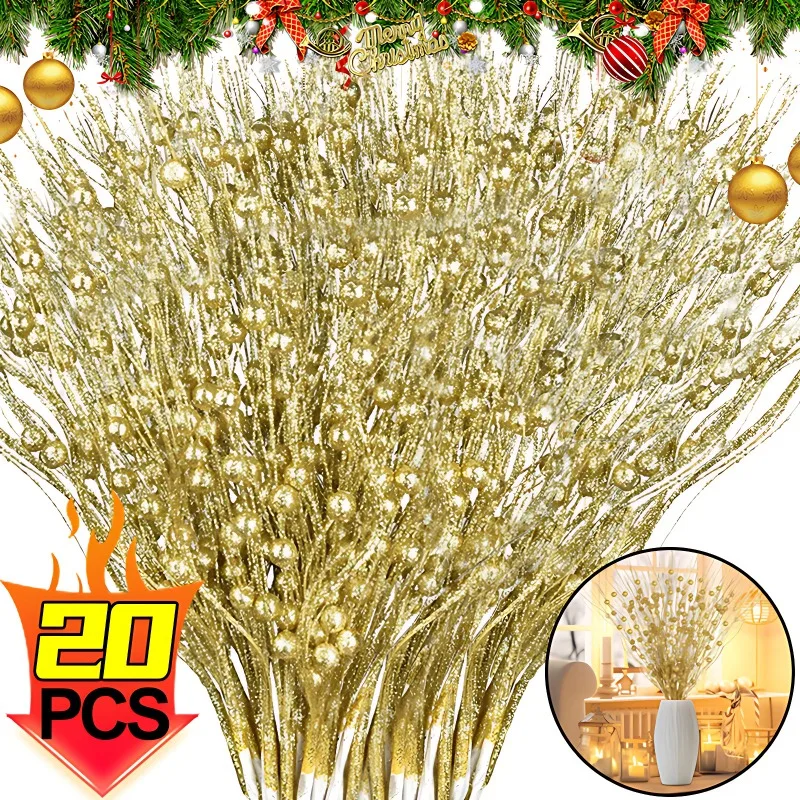 Wholesale Artificial Glitter Berry Stem Branches Xmas Tree Glittery Twigs Ornaments Festival Christmas Party Home Decor Supplies