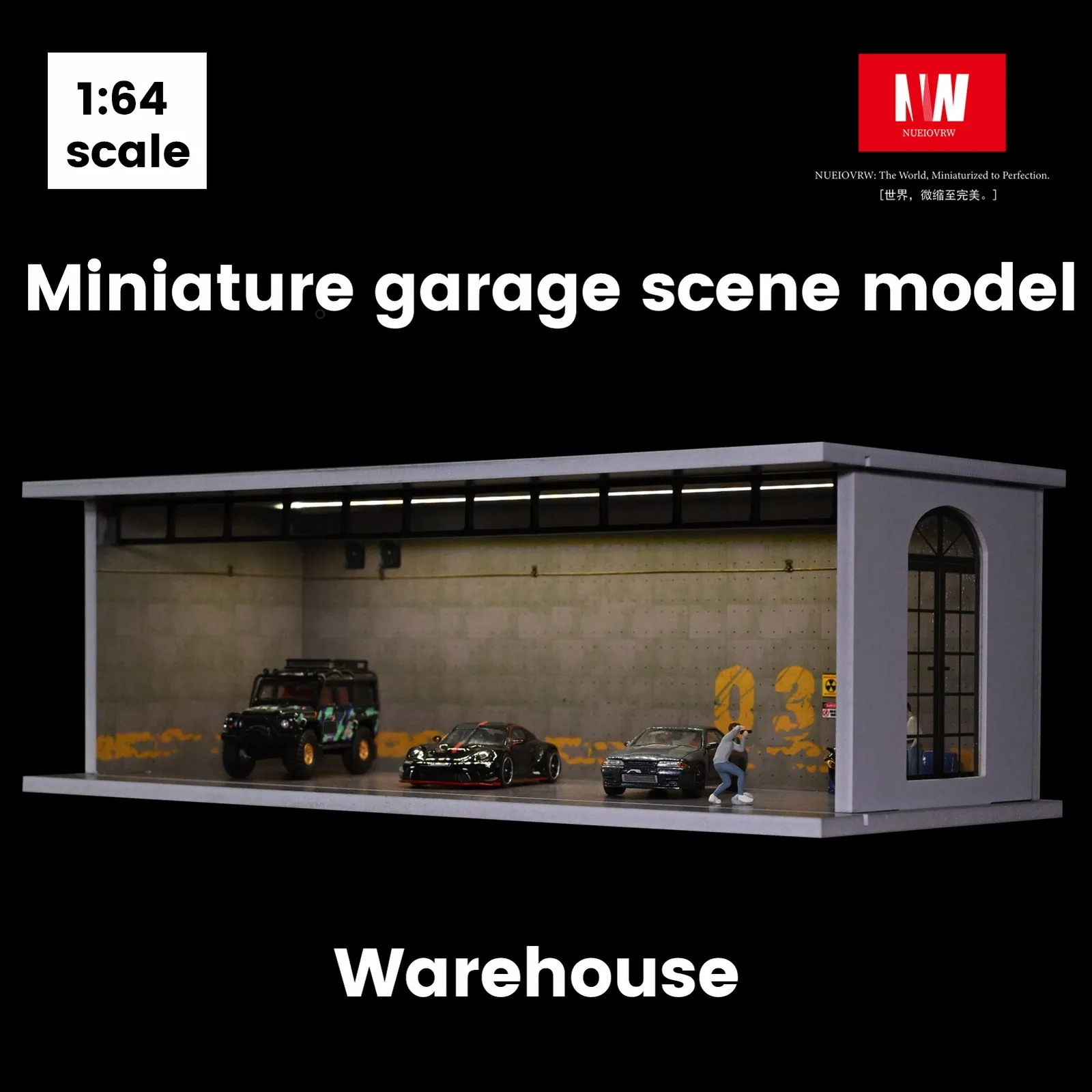 Diorama 1:64 نموذج جراج السيارة 3 أوضاع الإضاءة خمر مستودع صناعي المشهد نموذج عرض القضية #3
