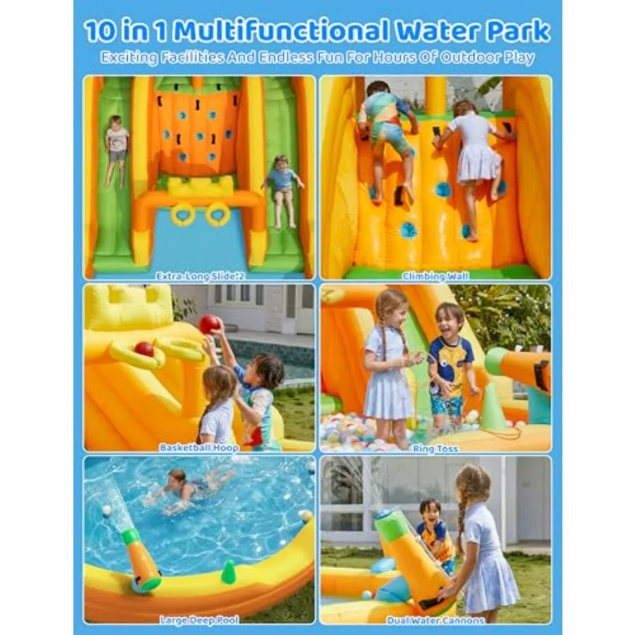 Backyard inflatable water slide for kids: PVC, blue and red, 10-in-1 multifunctional water park with double slides, climbing wa