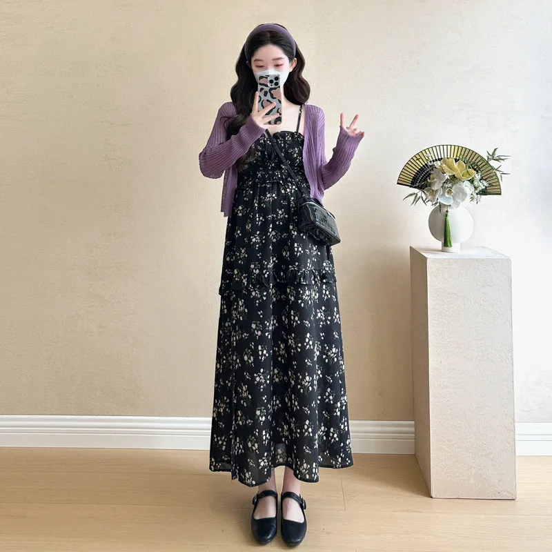 Ropa de verano para mujeres embarazadas con pequeños estampados florales, faldas con tirantes, camisas de manga larga, conjunto de dos piezas