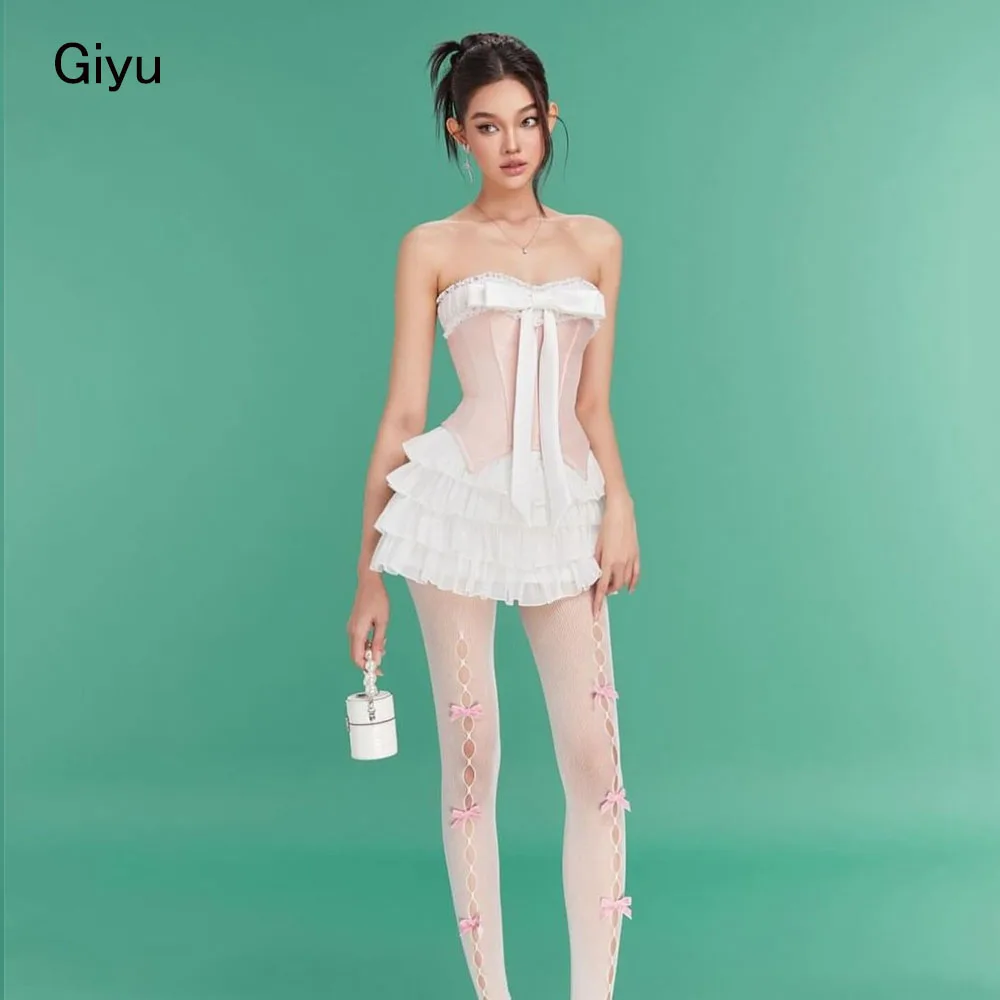 

Giyu A-line Bow Prom Dress V-Neck Multi-layered Mini-length Above The Knee Birthday Party Dress Cocktail Dress Short Dress