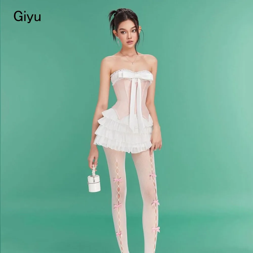 Giyu A-line Bow Prom Dress V-Neck Multi-layered Mini-length Above The Knee Birthday Party Dress Cocktail Dress Short Dress