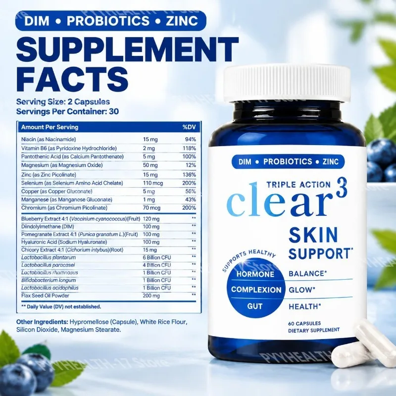 Clear Skin Support Capsules for Hormone Balance Glow & Gut Healthwith DIM Probiotics and Zinc for Men Women 60 Capsules
