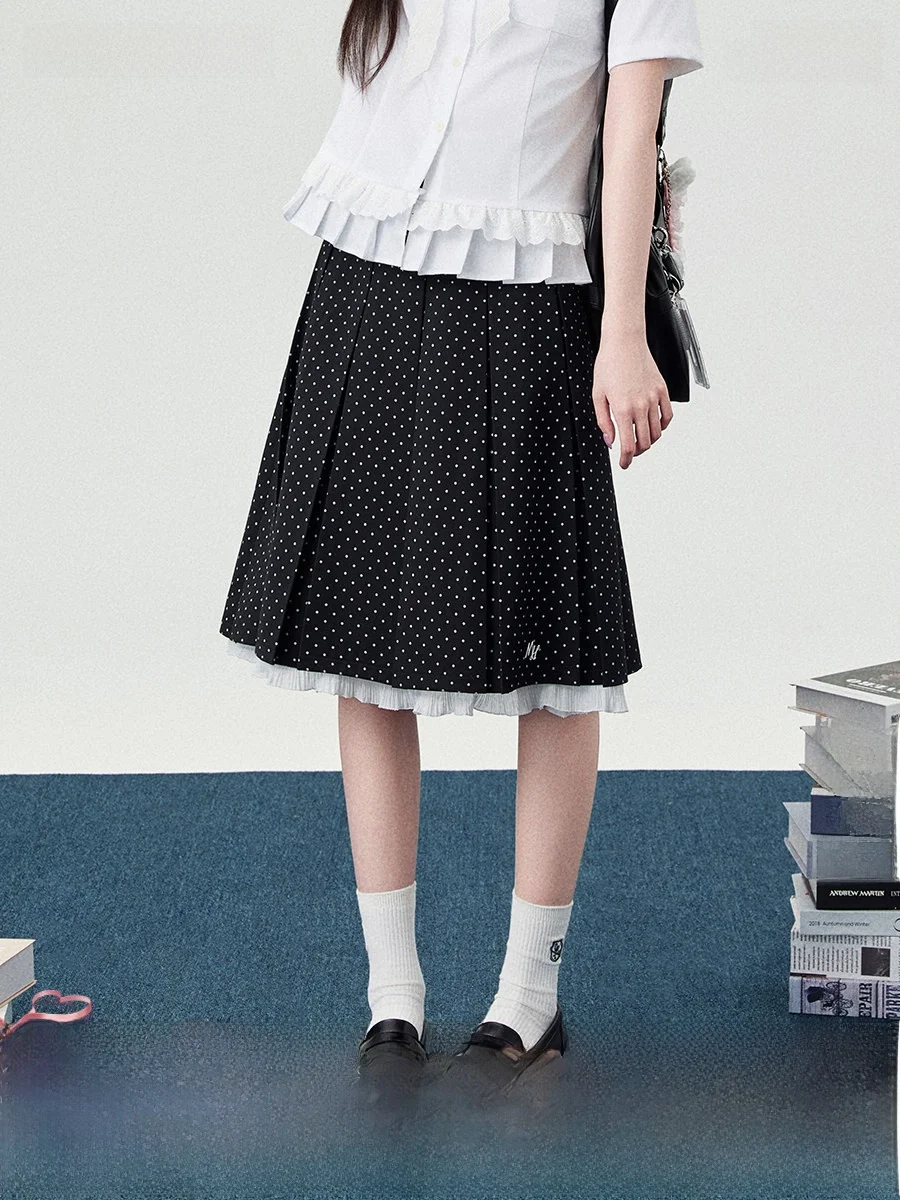 

Spring Collection High Waist f Skirt Set Bla Polka Dot Lace Trim Long Skirt Jk orm Women's Faion Ensemble