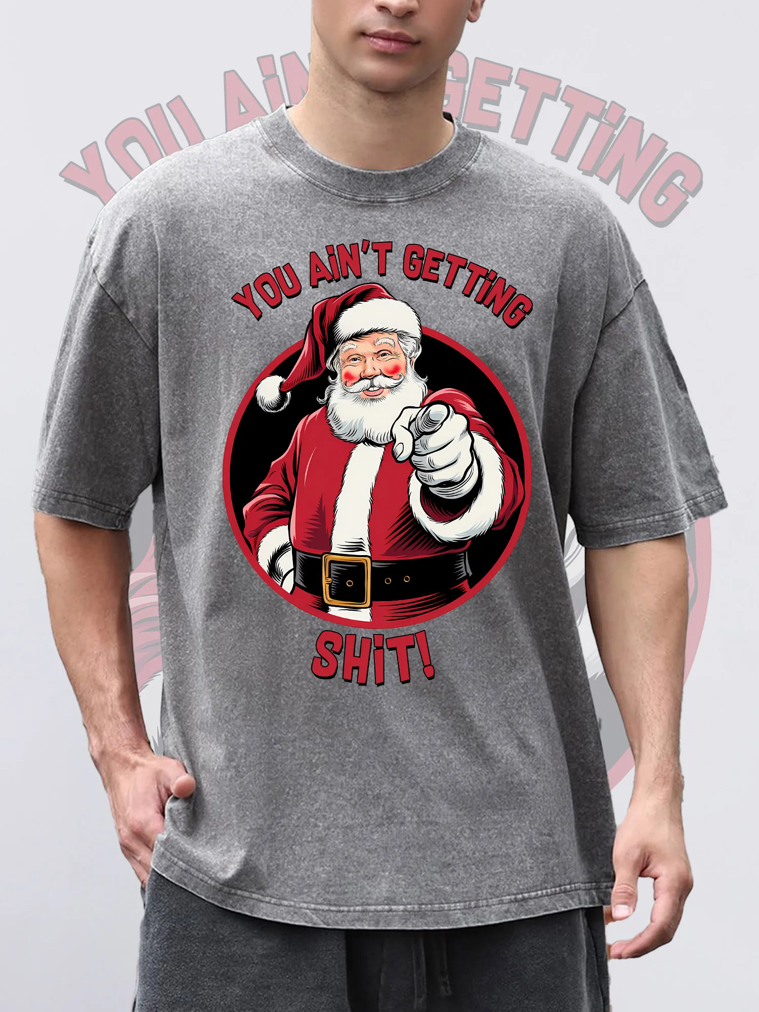 تي شيرت رجالي SHI مطبوع رمادي قصير الأكمام طاقم الرقبة فضفاض الصيف 100% القطن حمض غسلها عيد الميلاد موضوع تي شيرت