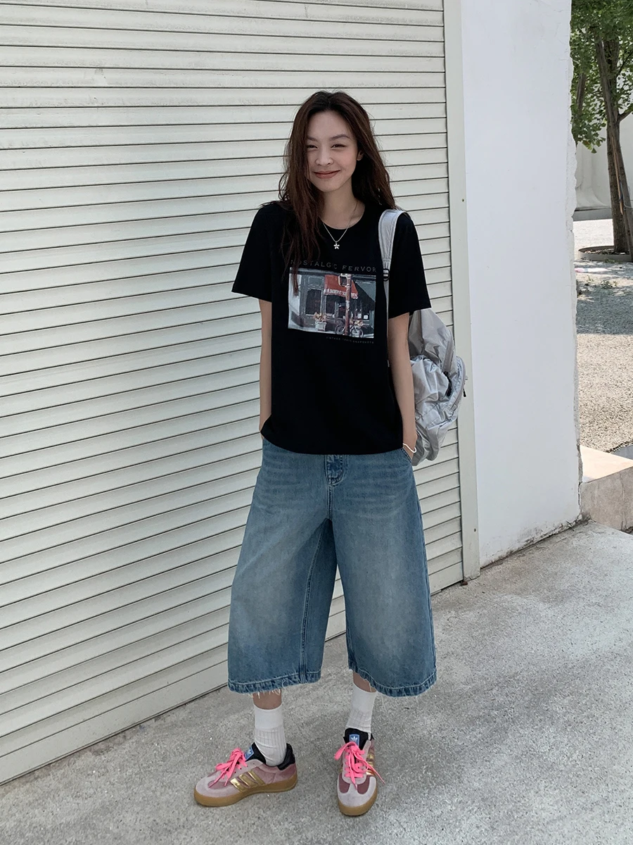 

Ретро-джинсы синего цвета с широкими штанинами, женские летние американские джинсы прямого кроя с высокой талией, повседневные, износостойкие, прочные