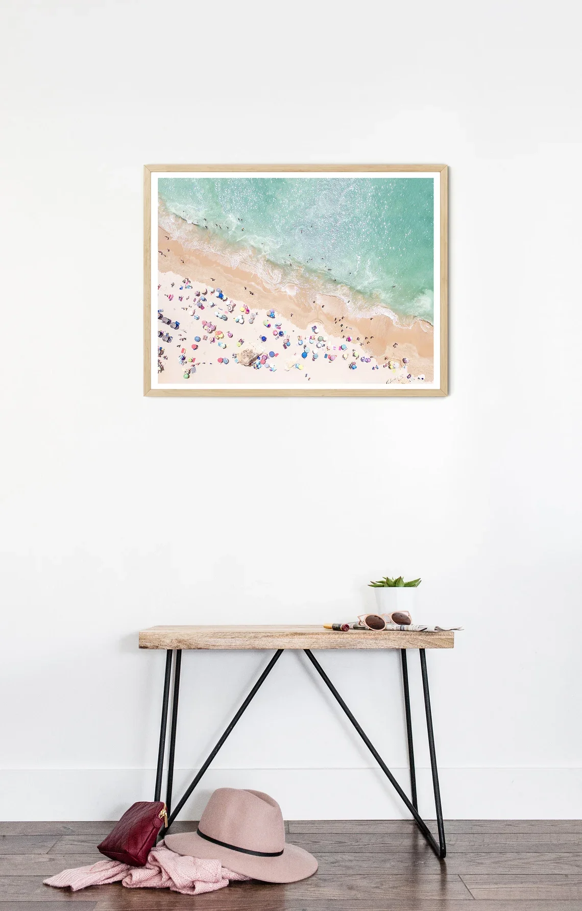 Minimalist Aerial Beach Wall Art - Calm, High-Angle Print of a Beach Scene, With Soft Sand and Sparkling Ocean, Evoking Peaceful