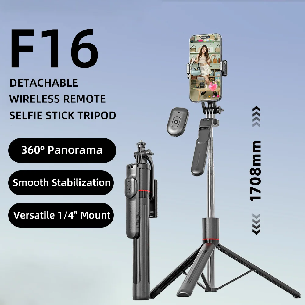 

F16 Selfie Stick Telescopic Bluetooth 1.7m 1708mm Adjustable Tripod 360° Shooting Detachable Holder for Android iOS