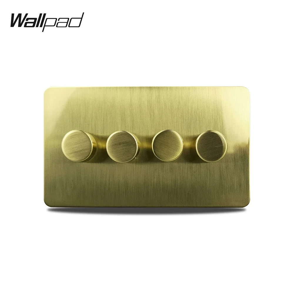 Wallpad Brushed Gold LED Dimmer Switch 4 Gang 2 Way Push On Off Stainless Steel Panel Metal Button