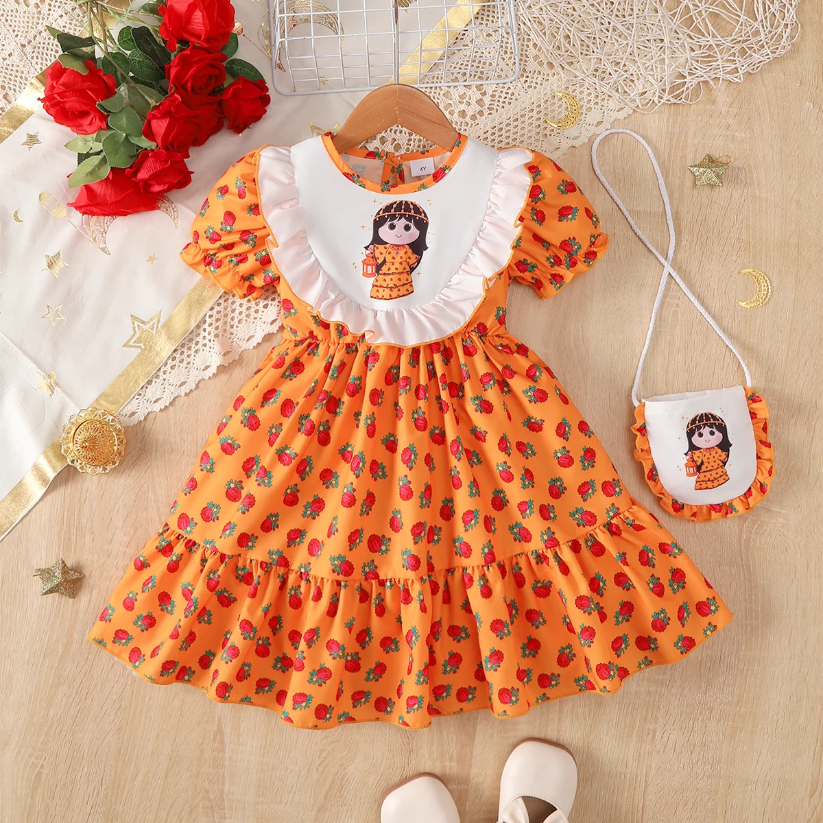 2-teiliges Ramadan-Kleid für Mädchen mit Rüschen, Sudan-Rosen-Print, Puffärmeln und kleiner Tasche, Sommerkleid für Mädchen von 4-7 Jahren