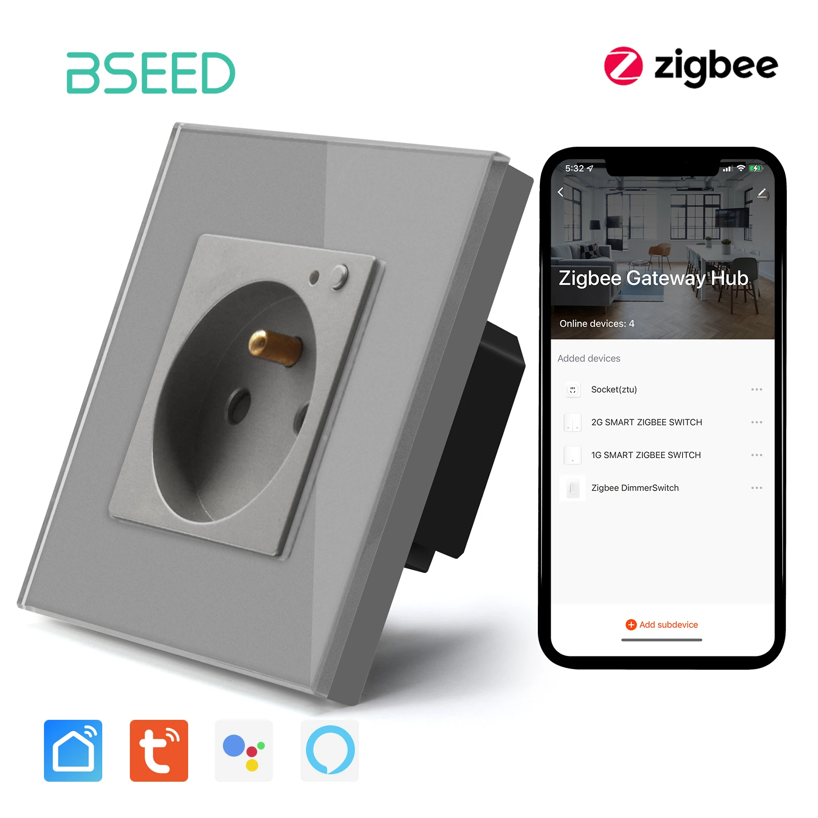 BSEED ZigBee Französisch Buchse Wand Einzigen Buchse Kristall Glas Panel Unterstützung Google Tuya Smart Leben App Power Monitor Smart Buchse