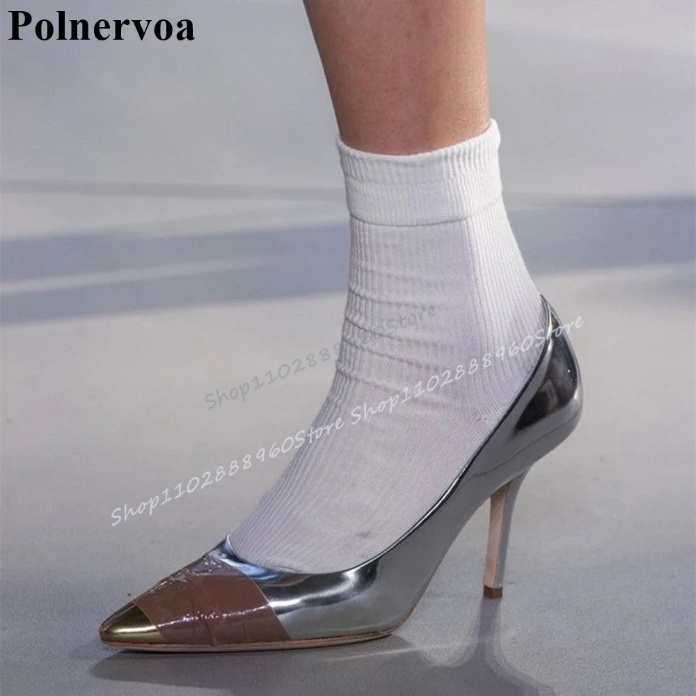 

Silver Mirror Leather Splicing Pumps Thin High Heel Shoes For Women Slip On Pointed Toe 2025 Fashionable Zapatos Para Mujere