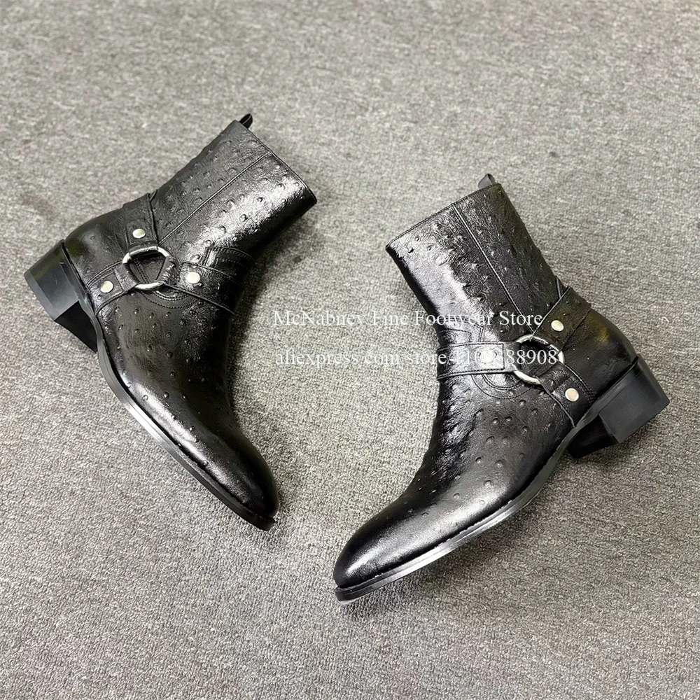 Ostrich Pattern Leather Ring Harness Ankle Boots Men Side Zip Pointed Toe O Ring Strap Chelsea Boot Luxury Fashion Street Autumn