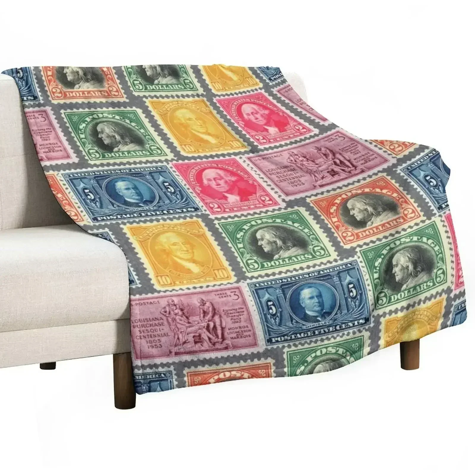 

US Postage Stamp Collage Throw Blanket Stylish Decor Blanket Gift for Friends Roommate