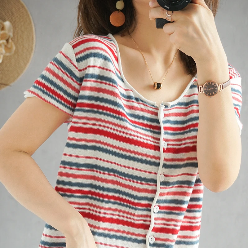 Women\'s T-shirt Summer 100% Cotton Cardigan Short Sleeve Casual Round Neck Ladies Tops Loose Blouse Pullover Striped Tees