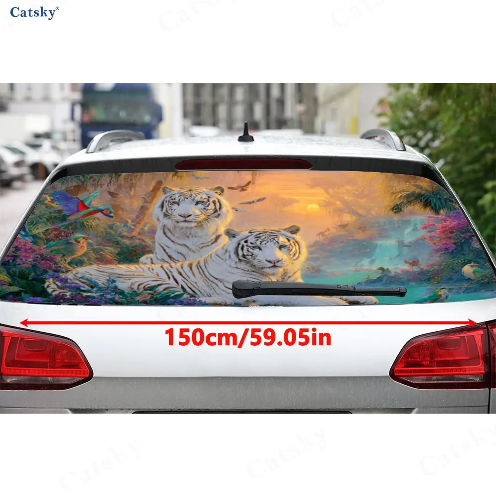 Jungle White Tiger Bird Flower PVC Perforated Car Vinyl Wraps, Durable Car Windshield Sticker, Waterproof Car Window Decal