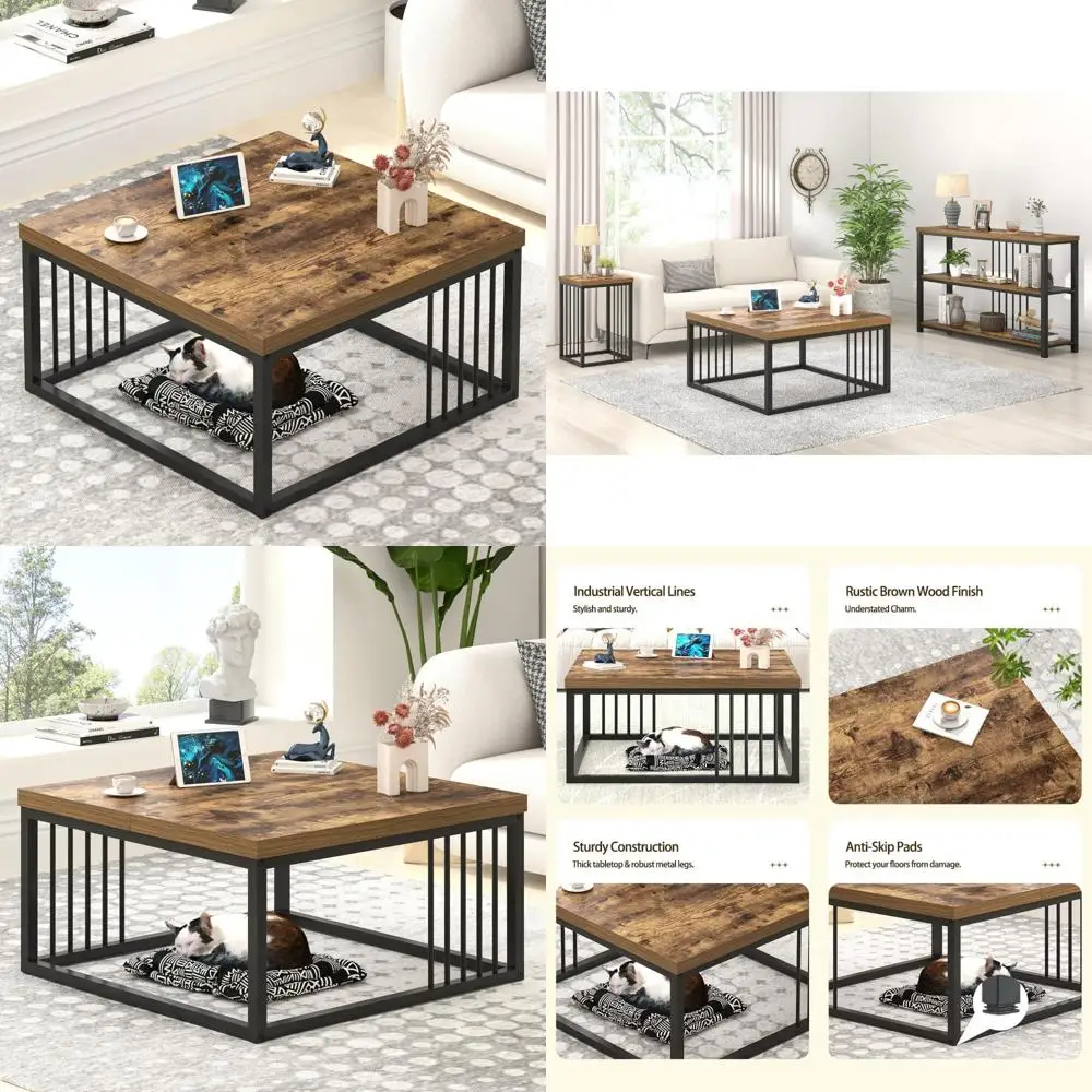 

Industrial Style Square Coffee Table for Living Room, Rustic Wood and Metal Design, 31.5 Inch
