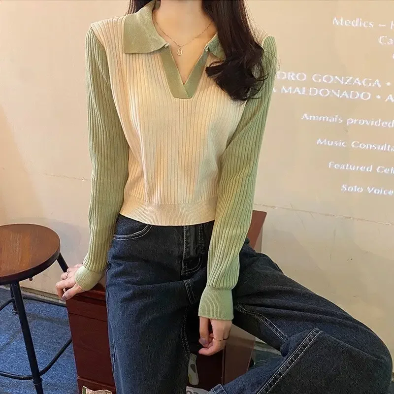 Korean Design Contrast Polo Neck Long Sleeve Knitted Shirt for Women Spring and Autumn Style Small Slim Short Top Lapel Clothes