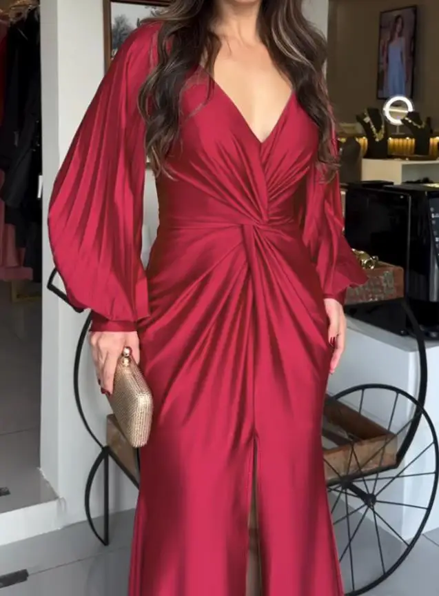 

Deep V-Neck Evening Dress, Split Sleeve, Front Twist Slit, Cinched Waist, Zipper Back Party Dress