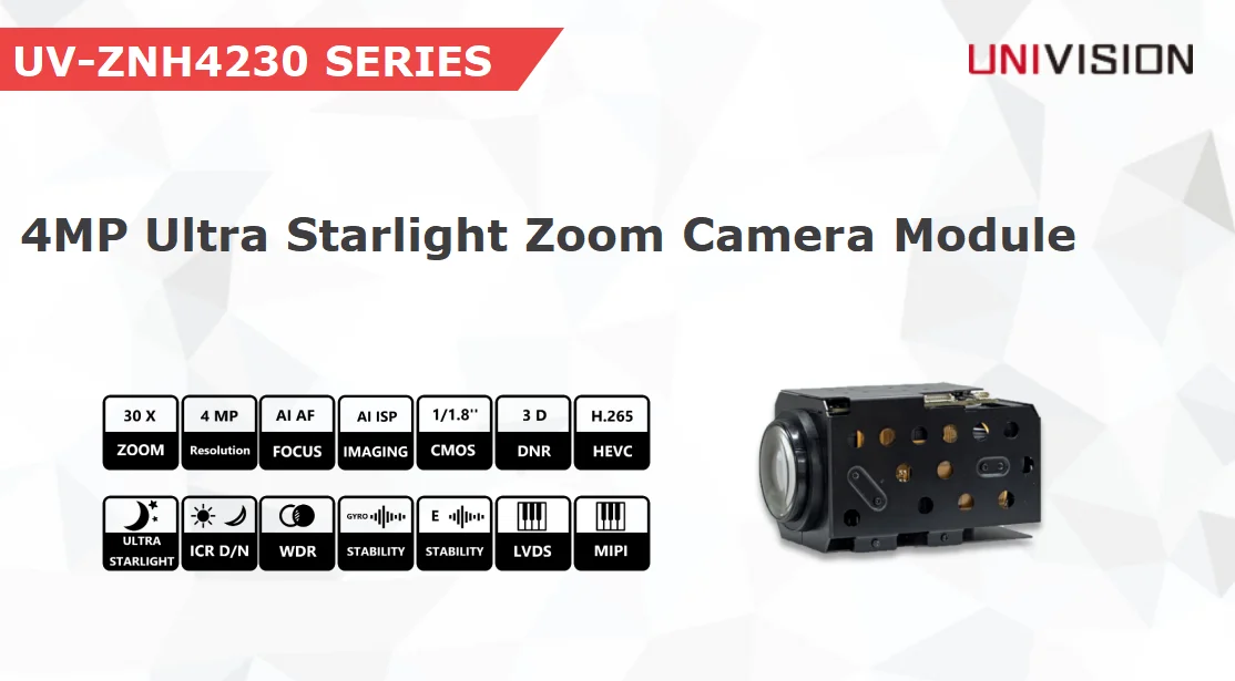 UV-ZNH4230 4MP 30X Ultra Starlight Long Range AI Defog Zoom Optical Camera Module With CMOS Sensor And Memory Card Support