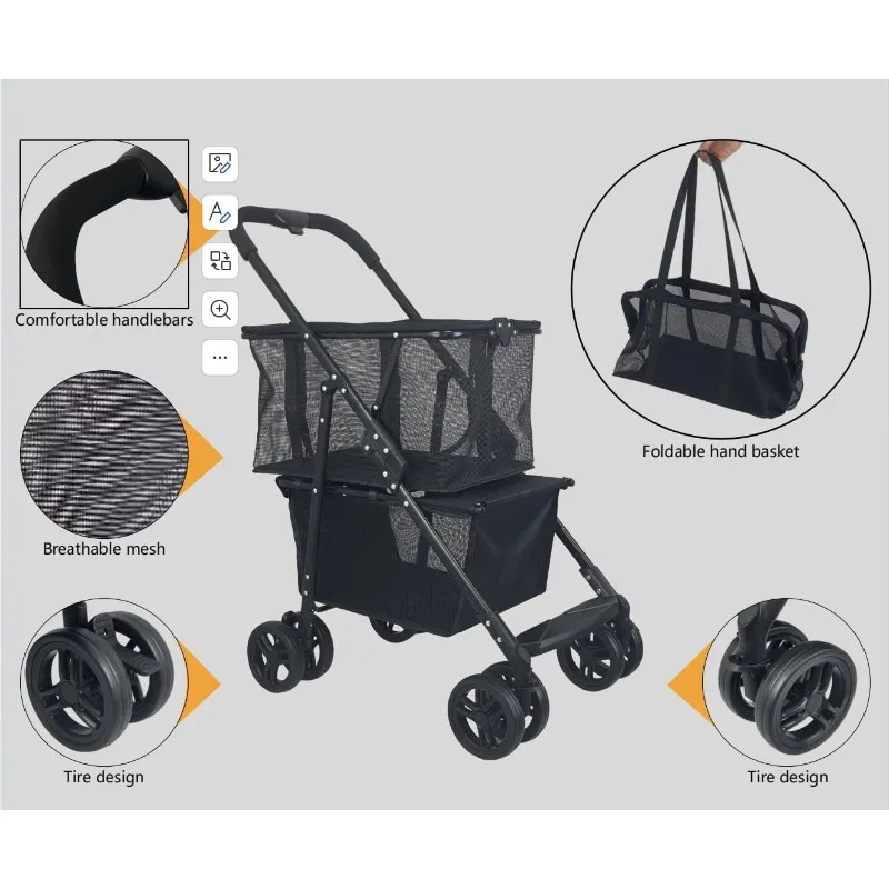 عربة تسوق قابلة للطي للبقالة بطبقتين، عربة تسوق محمولة ذات سلة مزدوجة مع 360 درجة °   عجلات دوارة