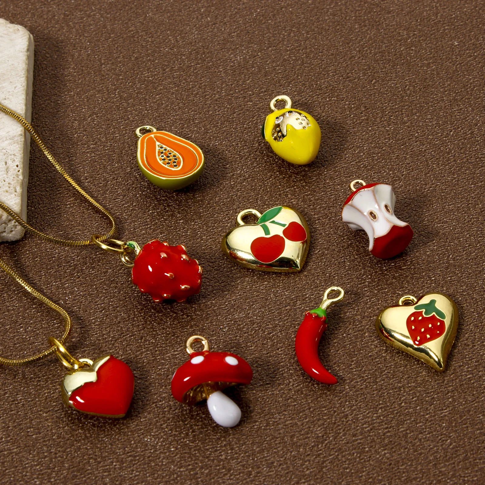 2PCs Brass Charms Fruit Enamel Apple Lemon Strawberry Mushroom 18K Gold Plated Pendants For DIY Bracelet Necklace Jewelry Making