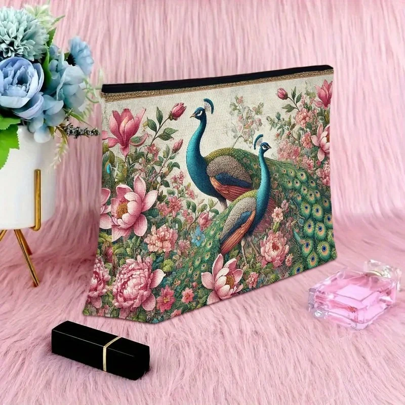 حقيبة مكياج على شكل طاووس وزهور - حقيبة نسائية لطيفة متعددة الوظائف بسحاب، حقيبة تخزين المجوهرات