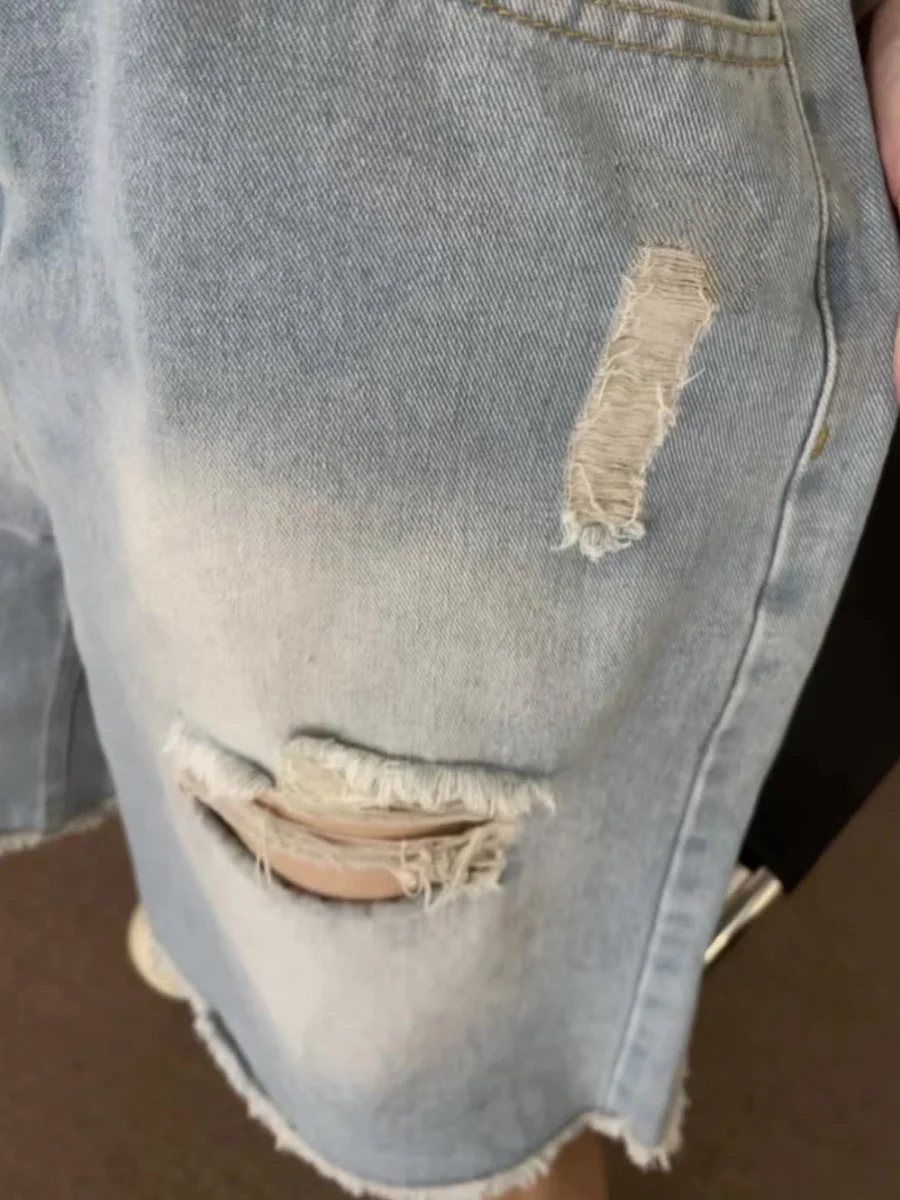 Light Blue Frayed Hole Men's Denim orts Summer American High Street Vibe Five-Point Street Sle Straight Leg Jeans