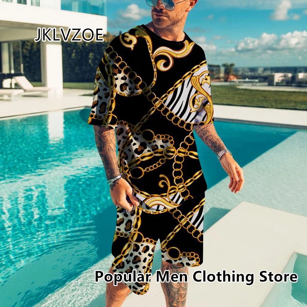 New Men’s Sets 3D Tracksuit Summer Fashion Gold High-End Print TShirt Shorts 2 Piece Outfit Casual Streetwear Men Oversized Suit