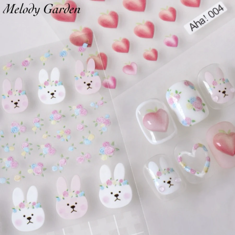 

Cartoon Animal Nail Stickers Bunny & Bear Designs with Floral Crowns Back glue Nail decal Nail decoration Nail art Nail tool