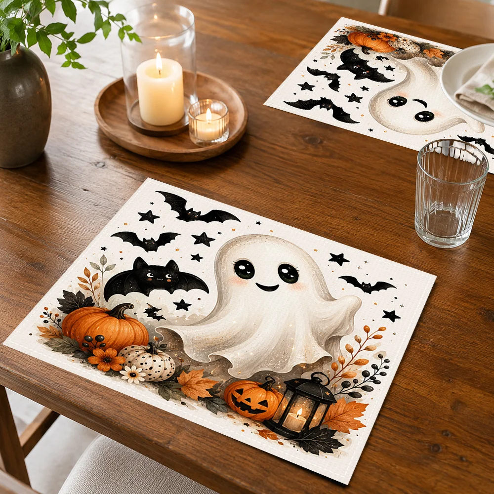 Ghost Bats Pumpkins And Stars Pattern Printed Placemats Suitable for Various Uses Such As Home Decoration Festive Banquets