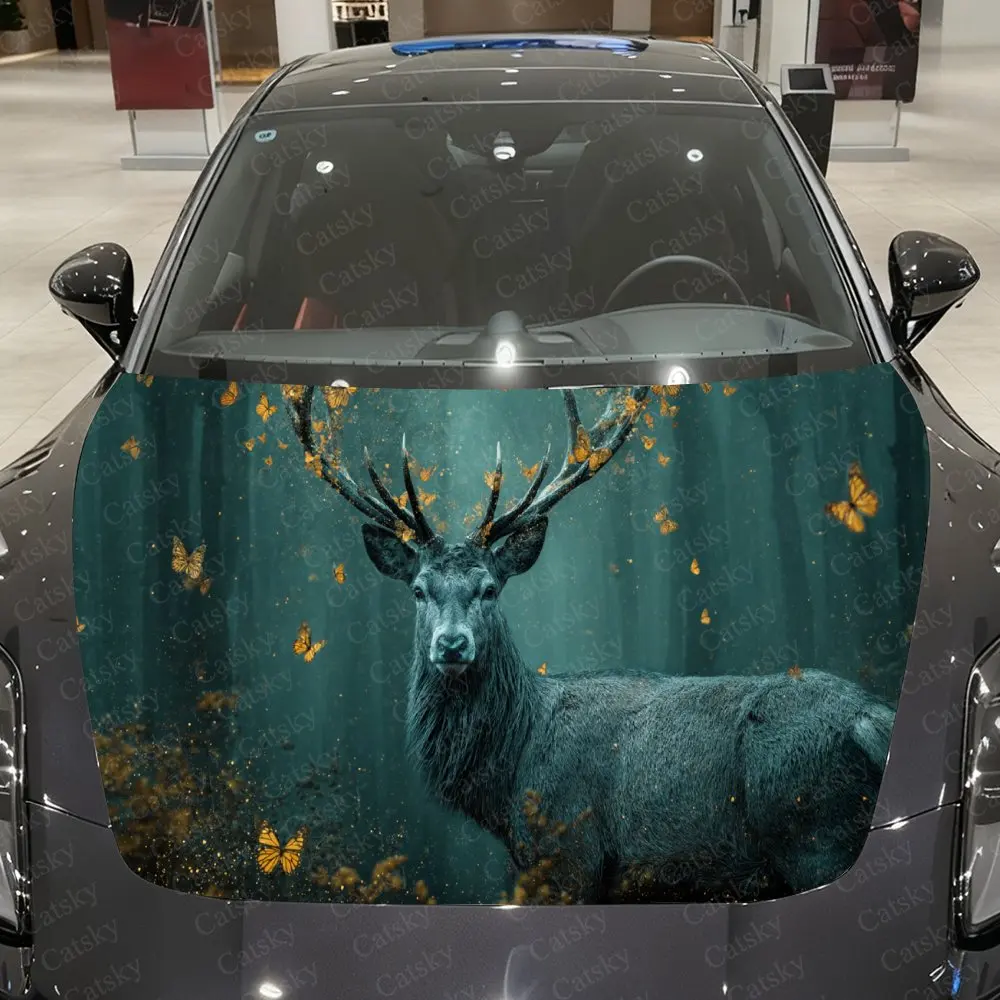 

Green-Lit Forest Golden Deer & Butterfly Car Vinyl Wrap, PVC Material Waterproof Car Hood Sticker, Self-Adhesive Scratch-Resista