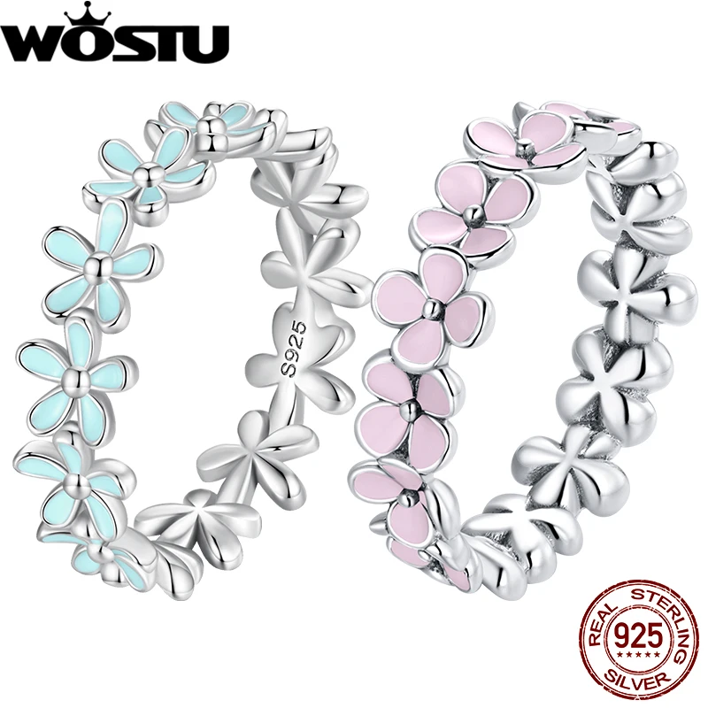 WOSTU Original 925 Sterling Silver Blue Flower Rings Pink Flower Adjustable Rings For Women Luxury Party Fine Jewelry Certified