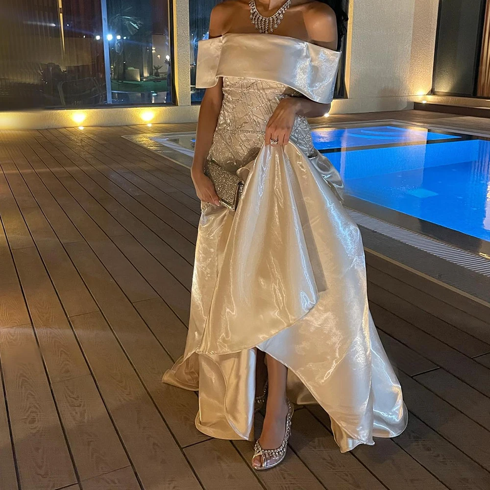 

Customized Modern Satin A-Line Off the Shoulder Sequined Evening Dress Boat Neck Half Sleeves Panel Train Bespoke Occasion Gowns