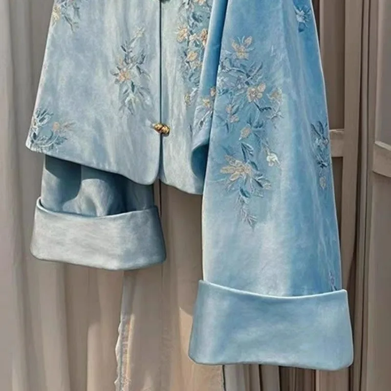 Chinese Style Blue Embroidered Velvet Jacket Women Autumn New Tang Style Collar Buckle Reduced Age Female Coat