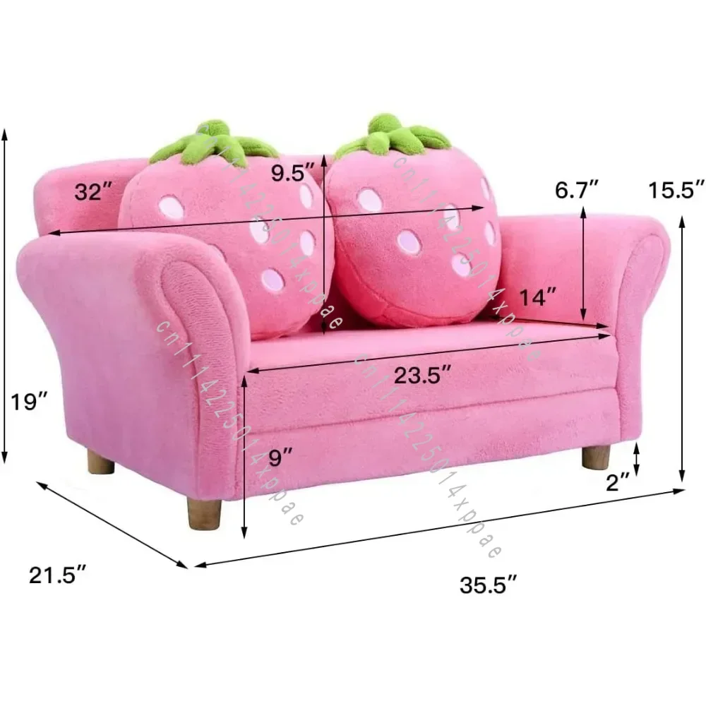 Upholstered Toddler Couch Chair With Ergonomic Back & 2 Strawberry Pillows, Kids Sofa, Double Seat Toddler Armchair For